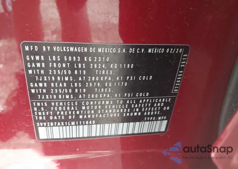 2020 Volkswagen Tiguan 2.0T Se/2.0T Se R-Line Black/2.0T Sel из США, поврежденный, VIN 3VV2B7AX1LM111649